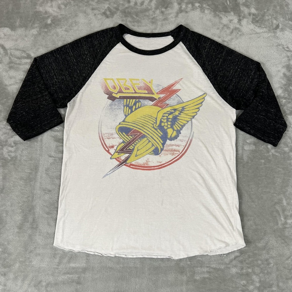 OBEY Shirt Mens Medium White Black Winged Helmet Lightning Graphic Raglan